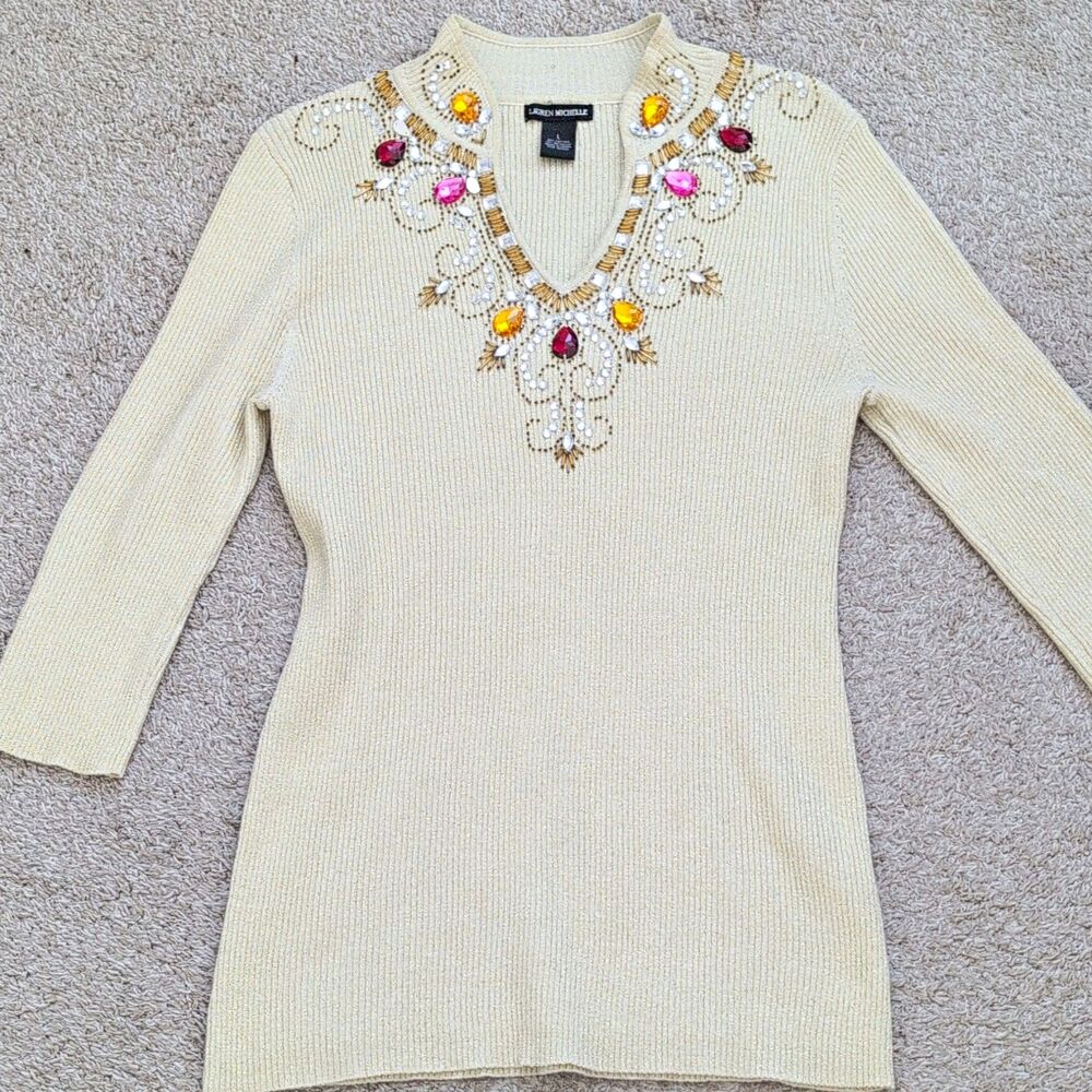 LAUREN MICHELLE Y2K Ivory Gold Metallic Embellished Rib V Neck Sweater L